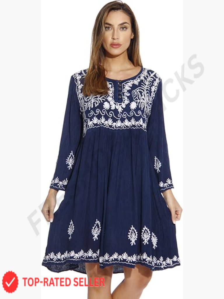 Embroidered Rayon Tunic Dress Boho Chic Long Sleeve Flowy Summer Style